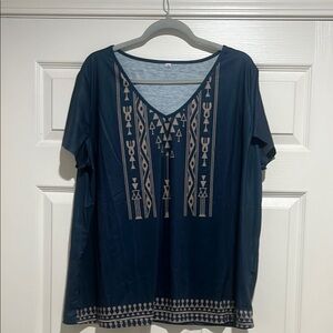 Navy Blue Geometric Print Women's V-neck Top